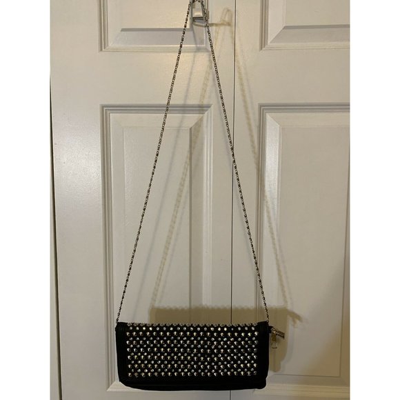 Evening bag-black clutch with snap closure With chain strap Studded Faux Gems - Picture 3 of 7